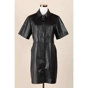 Sz 8 Topshop Black Faux Leather Mini Pu Button Down Shirt Dress GUC